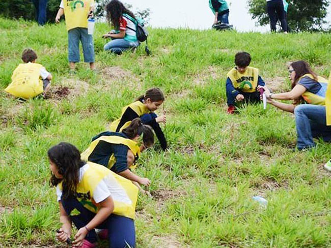 Alunos durante plantio de árvores na região (foto:Reprodução)